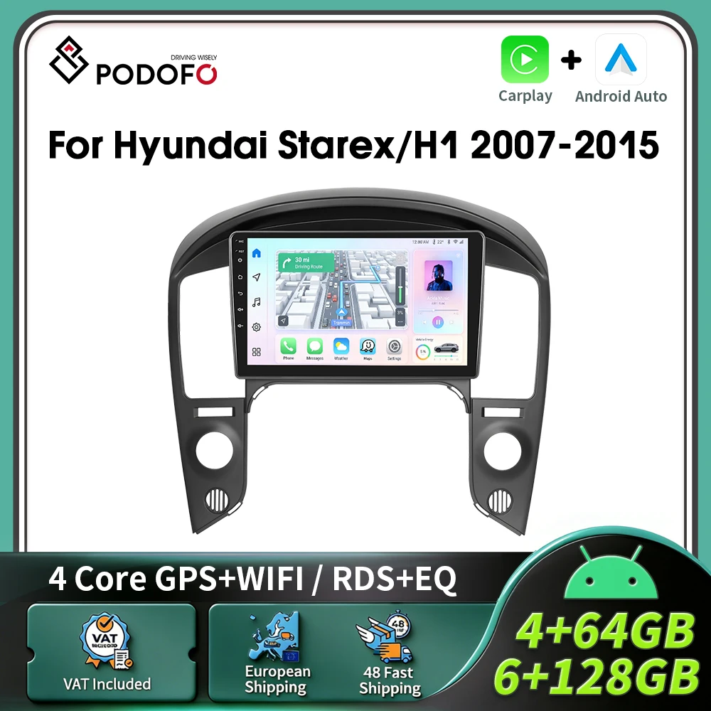 Podofo CarPlay Android Radio für Hyundai Starex/H1 2007-2015 Intelligentes Auto-System 2 Din GPS Auto-Multimedia-Player BT FM