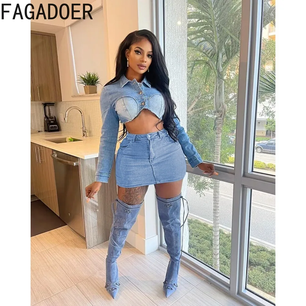 FAGADOER Blue Fashion Denim Skirts Two Piece Sets Women Long Sleeve Crop Top And Mini Skirts Outfits Female Cowboy 2pcs Clothing