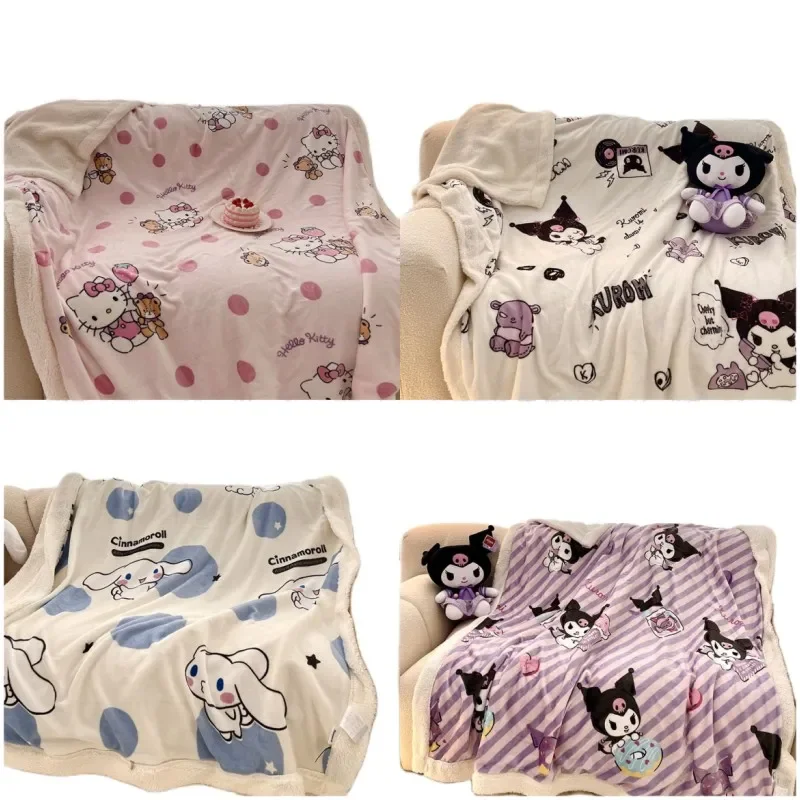 

Одеяло для сна в стиле аниме Sanrios Kuromi Cinnamoroll Hellokitty, милый мультяшный женский чехол из овечьей кожи, офисные повседневные теплые одеяла