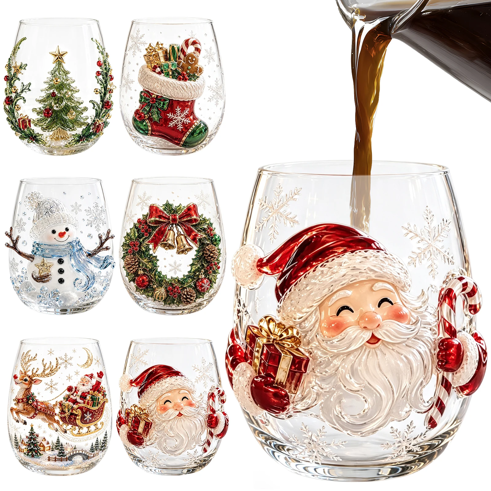 Christmas 3D Embossed Glass Cup Santa Claus Reindeer Snowman Tree Holiday Drinkware Festive Seasonal Art