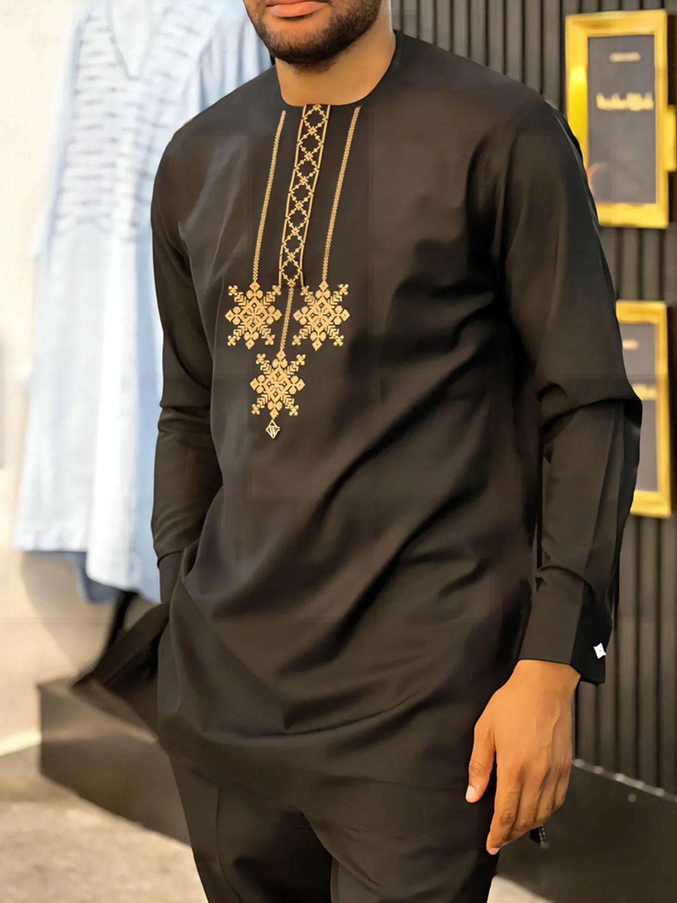 

2024 Nigeria Men African Traditional Clothes Kaftan High Quality Embroidered Oversized Black Full Shirts And Pants 2 Piece SetS