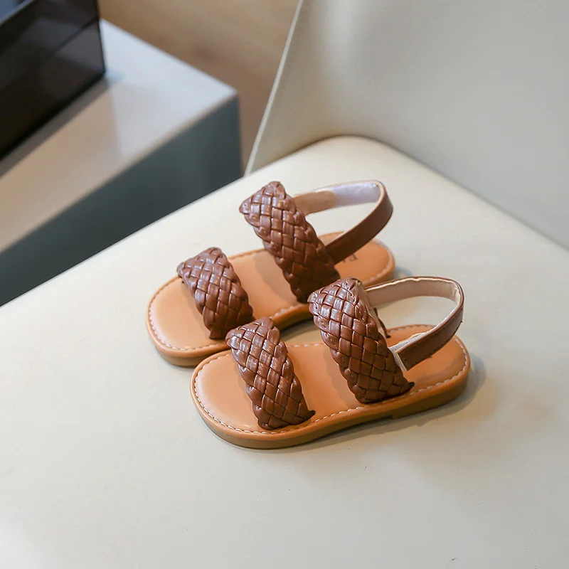 Kids Sandals for Girls 2025 Summer Girls Weave Design Sandals Children Beach Shoes Open Toes Flat Anti-skid Rubber Ankle Strap