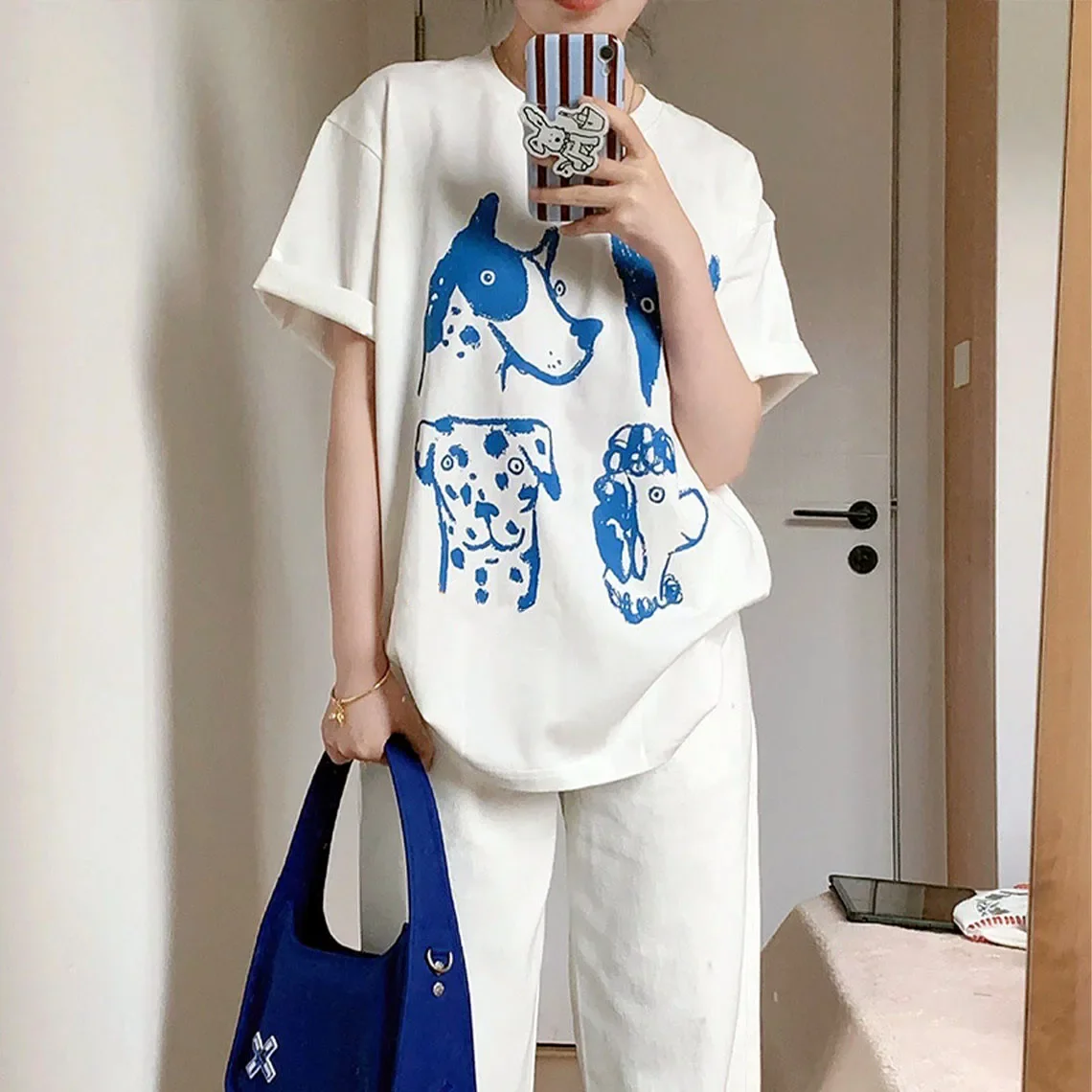 Cartoon Dogs Printing Kpop White T Shirts Funny Women Short Sleeve Loose Cotton Casual Tops Crewneck Dog Lover's Tees Streetwear