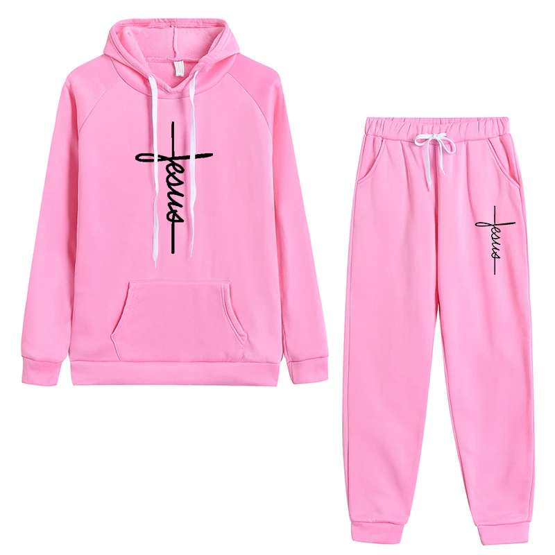 Spring And Autumn Women Print Conjunto Moletom Feminino Fleece Sportswear Long-Sleeved Hooded Sweater With Pockets Trouser Suit