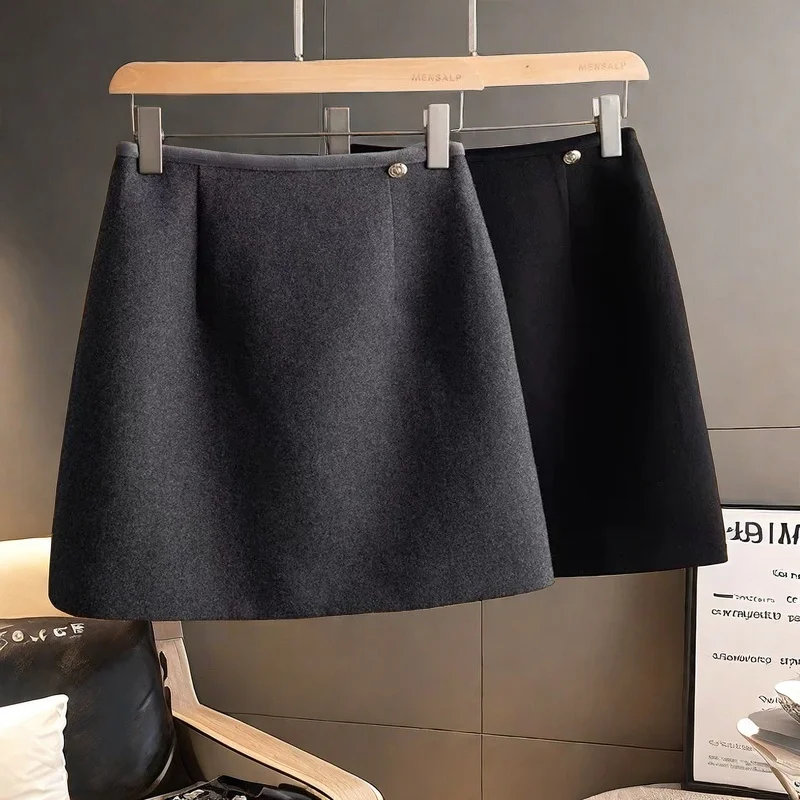 

High Waist Slimming Woolen Skirt with Button for Women Autumn Winter Faion Sweet Sle A-Line Skirt Casual Wear
