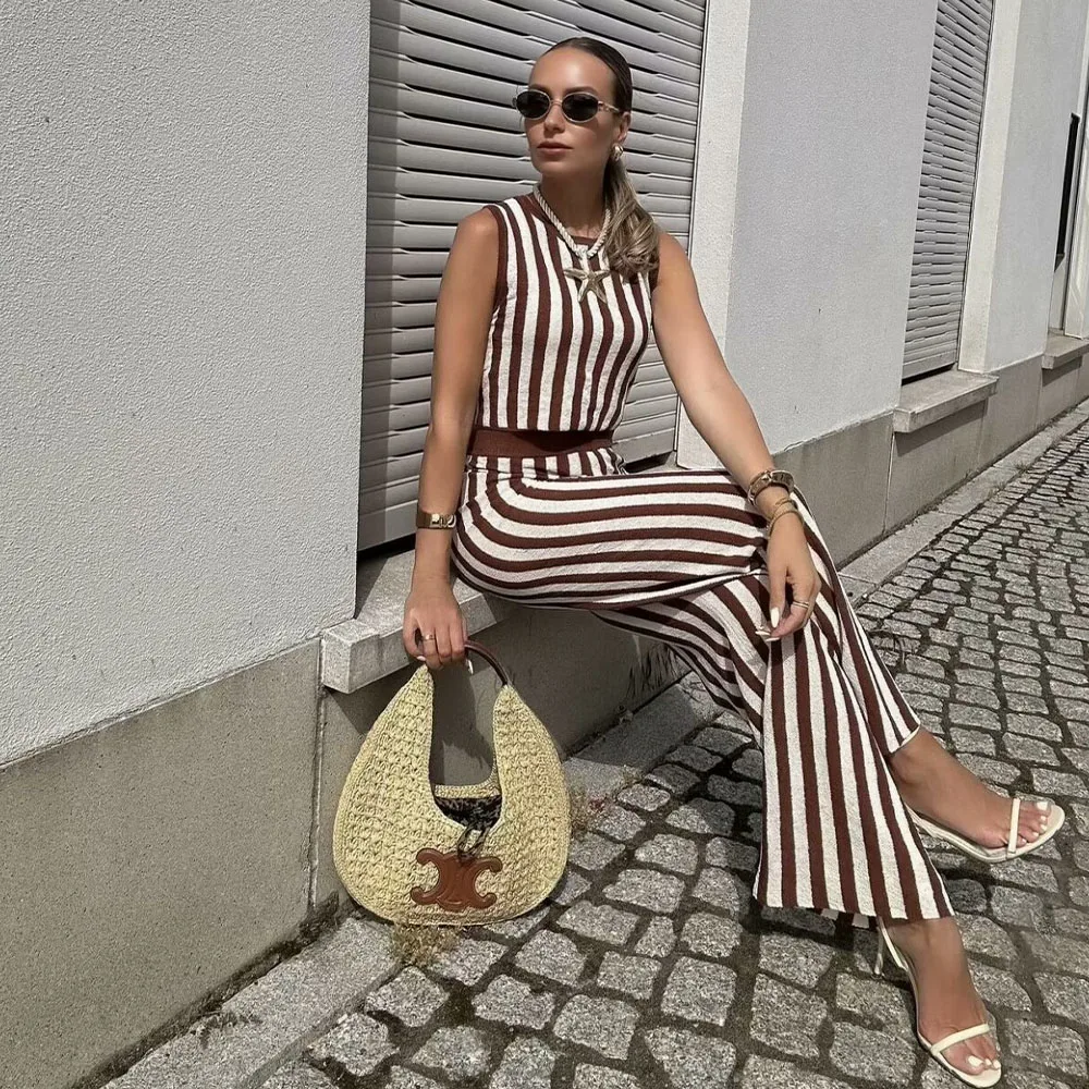 2024 Summer New Fashionable Women\'s Wear Elegant Design with European and American Style Knitted Stripe Top&Pant Set