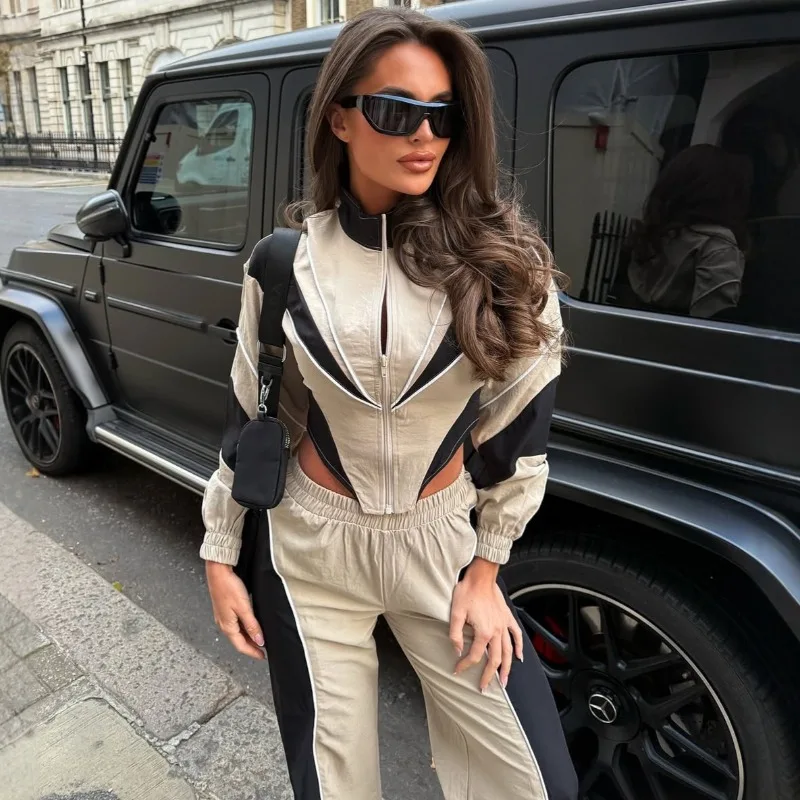 

Осенние комплекты из 2 предметов, уличная одежда, новый модный женский комплект ветровки, топы на молнии с длинными рукавами и спортивные штаны с цветными блоками