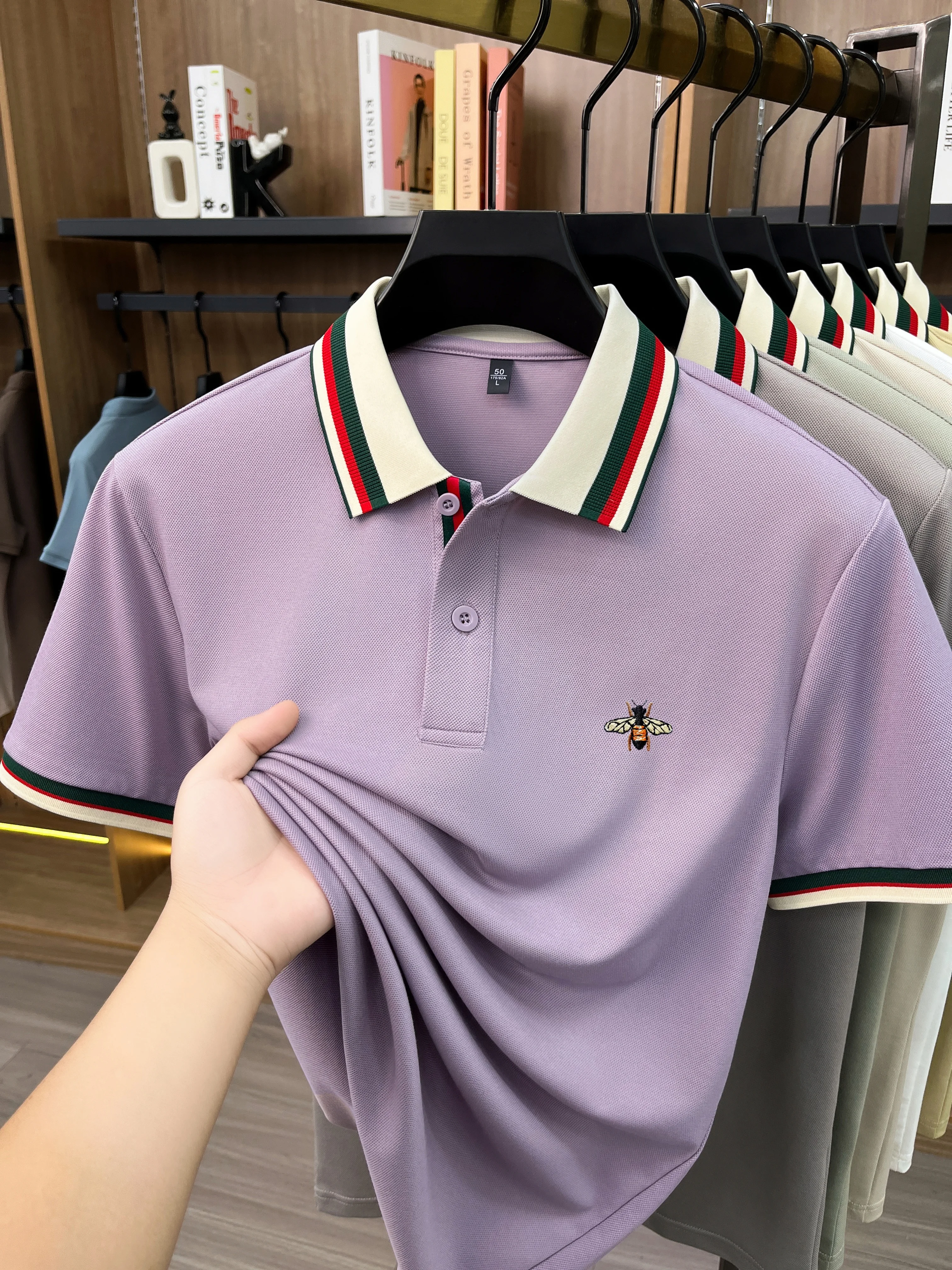 High-End Seide Baumwolle Kurzarm Herren POLO Shirt Sommer Mode Marke Boutique Bienen Stickerei Freizeit Business Flip-up T-Shirt – Detail 17