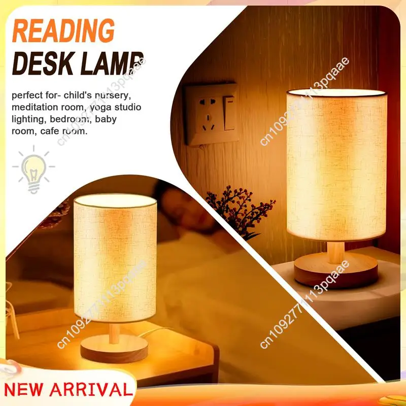

N84R DC5V Round Bedside Table Lamp Nightstand Lamp With Fabric Shade And Solid Wood For Bedroom, Living Room Modern Office