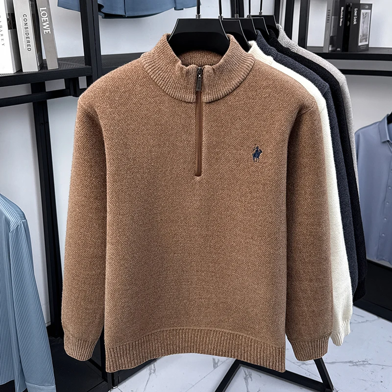 Luxury brand zipper stand up collar sweater men casual trendy ponytail embroidery design winter new plush warm knit pullover