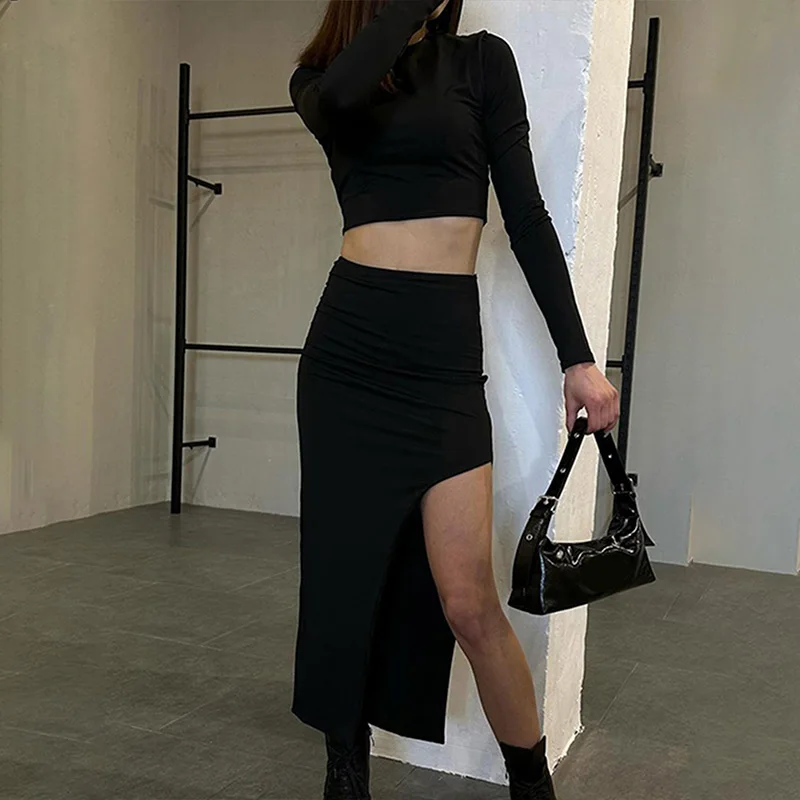 New T-shirt Skirt Autumn Winter 2 Piece Women Sexy Black Female Elegant Split Skirt Fashion Long Sleeves O-Neck Casual Slim Tees