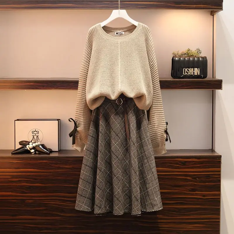 Large Size Women\'s Clothing 2024 Autumn and Winter New Style Stylish Slimming Knitted Sweater Half Skirt Two-piece Set