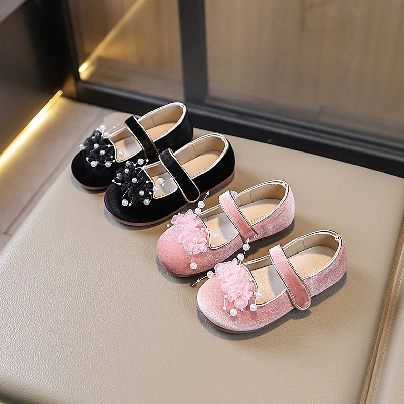 Unishuni Princess Party Dress Shoes Girls Ballet Dance Shoe Children Velvet Gloss Mary Janes with Flower Design Black Pink Flats