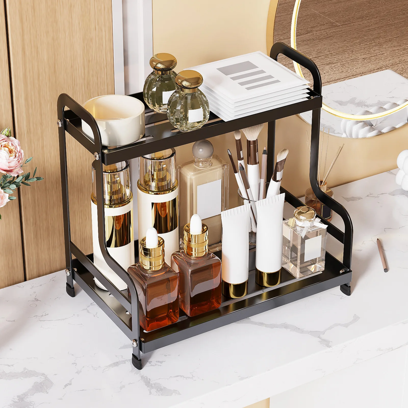 Bathroom Countertop Organizer Rack 2 Tier Counter Spice Rack Metal Makeup Rack Perfume Vanity Organizer for Sink Kitchen Office