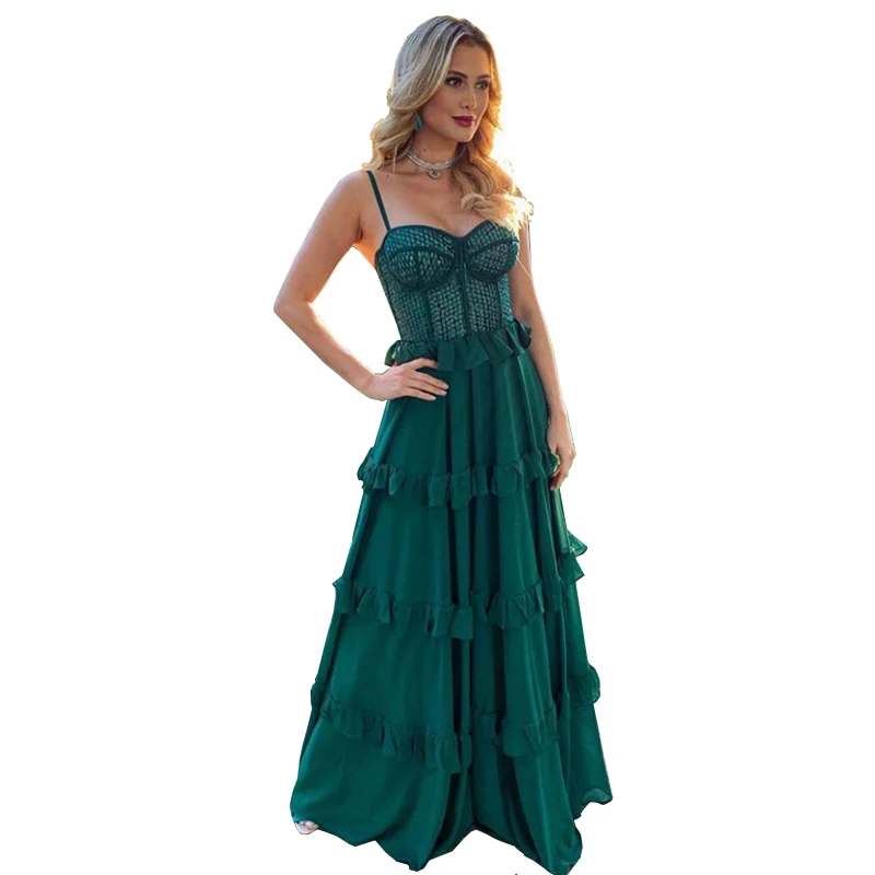 Vestido largo de gasa verde con tirantes finos para mujer, traje Sexy con corsé largo para fiesta de noche