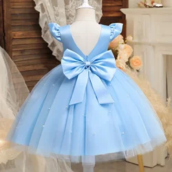 Toddler Girl Flower Birthday Tulle Dress Backless Bow Dressing Gown Kid Party Wear Princess Pink Dress Baby Girl Bowknot Dresses