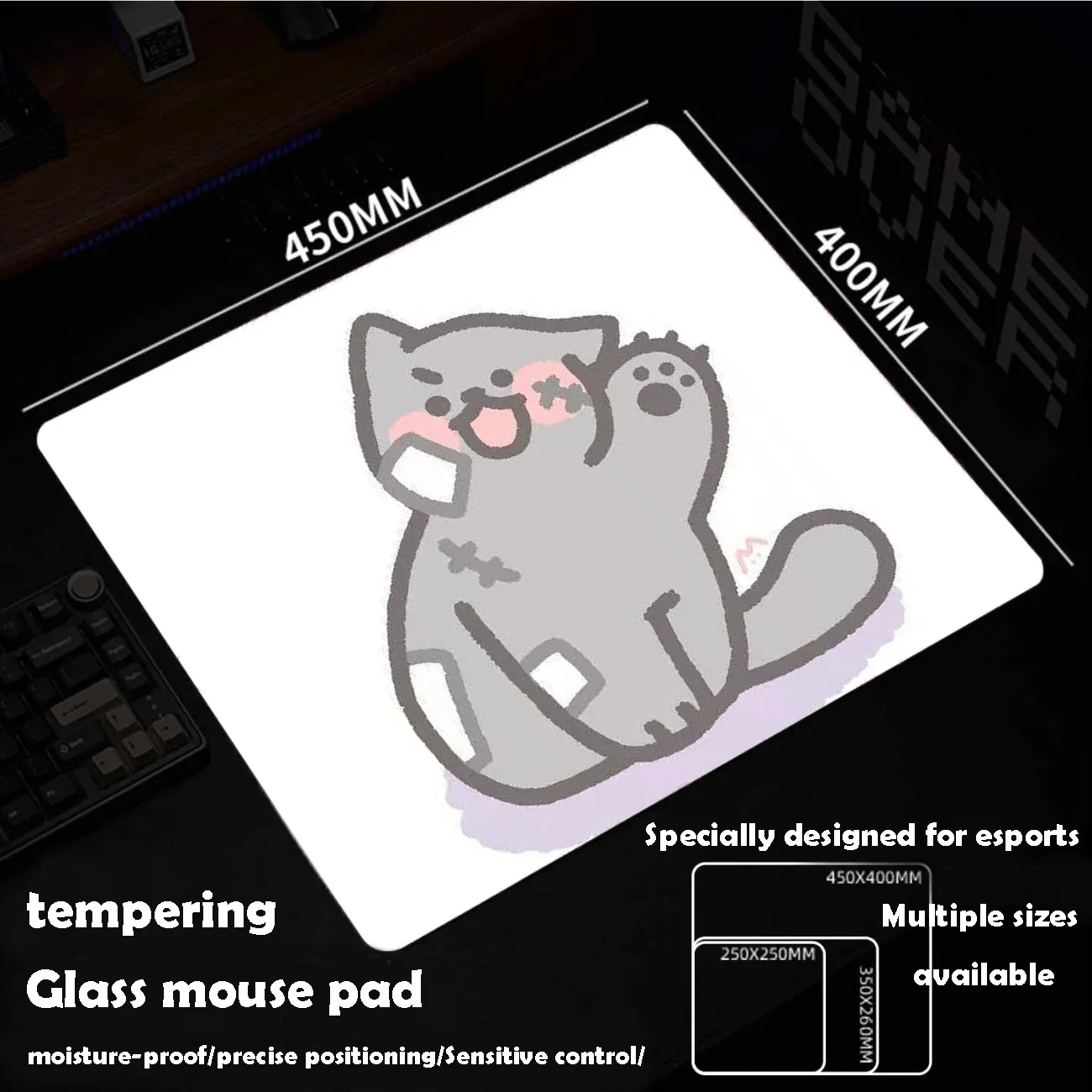 Cute Kitten Glass Mousepad Sora Game Mouse Pad Customized Pattern Tempered Smooth Gaming Desk Mat Fps Esports Office Gaming