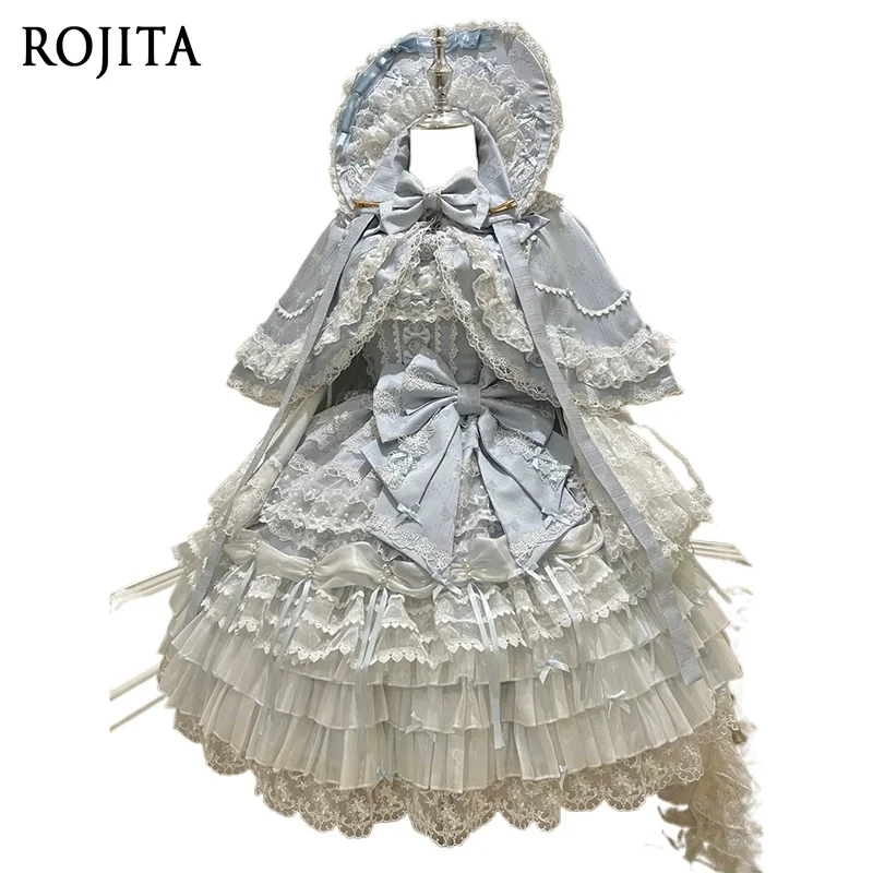 

Lolita Pink Dress Women's Sweet Slim Fit Bow Lace with Cape Short Dress Set Spring New Blue Dress + Pin Bow + Neita + Cape