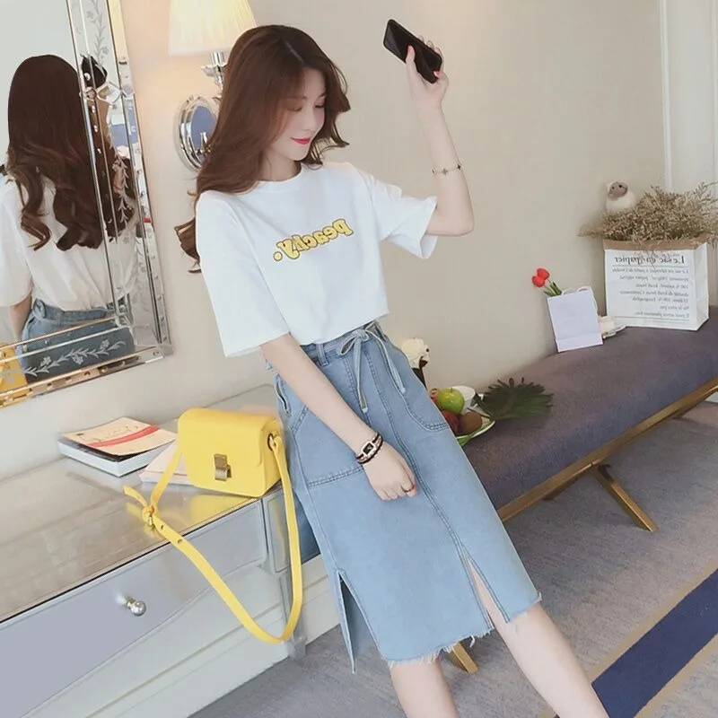 Sexy Woman Outfit Denim Short Sleeve Skirt 2 Pieces Sets for Women Mature Formal Event Summer Clothes 2024 Clothing Luxury Korea