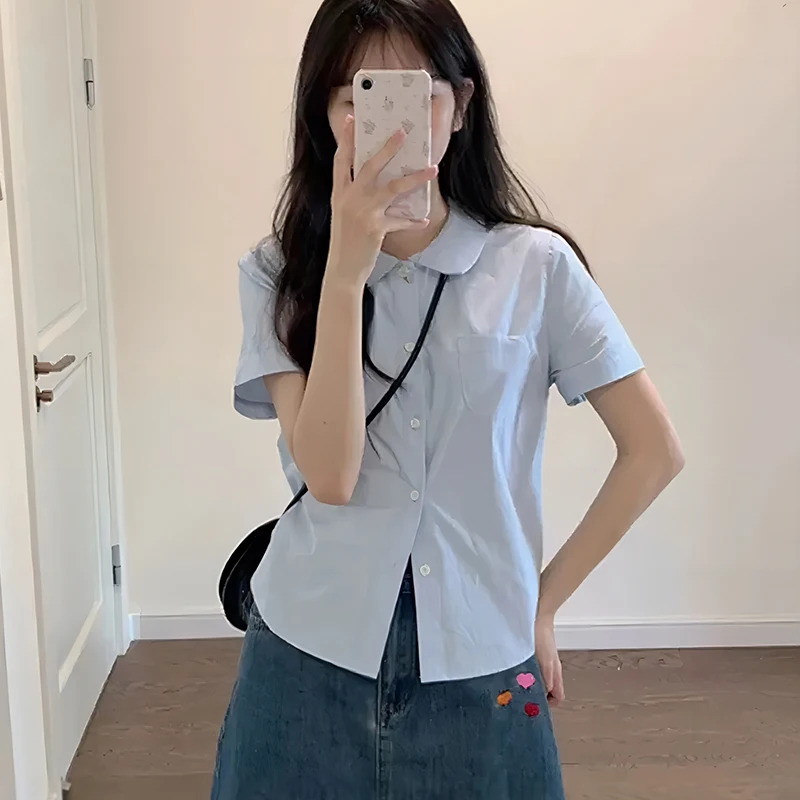 

Turndown Collar Blouse Female Preppy Style Student Crop Shirts Blue Short Sleeve Shirt for Women Summer Casual All-match