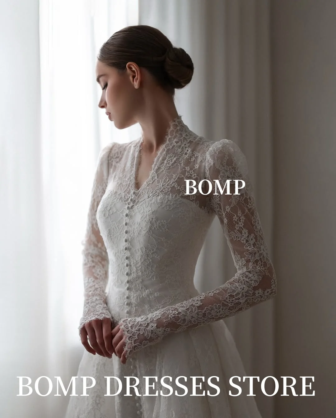 Bomp requintado renda uma linha vestidos de casamento v-neek manga longa renda varredura trem vestidos de noiva modesto dubai árabe feminino personalizado
