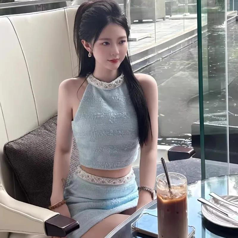 

French High End Fashion Pearl O Neck Sleeveless Tops High Waist Fresh Summer High Street Skirts Y2k Small Fragrance 2 Piece Sets