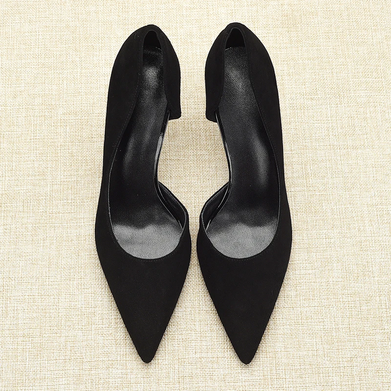 Black Side Open High Heels Women's Versatile Elegance Lady Formal Interview Work Shoes Not Tired Velvet Surface Pointed Toe S...
