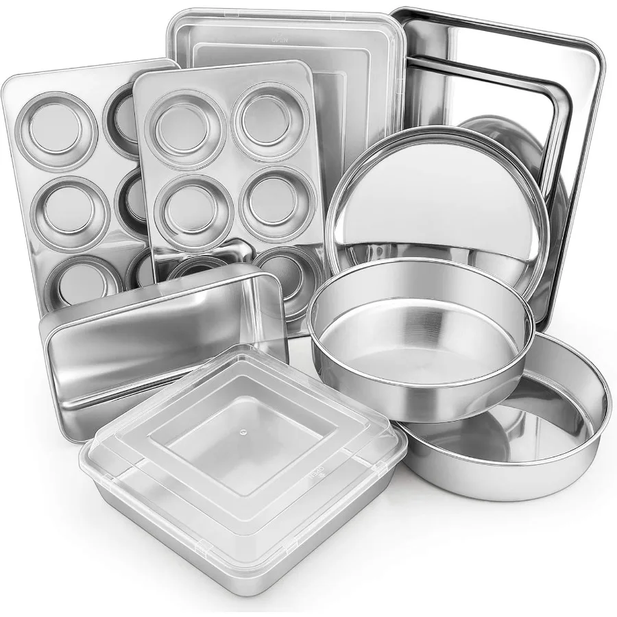 

Efar 12Piece Stainless Steel Bakeware Sets for Home Baking: Includes Round Cake Pans Square and Rectangle Baking Pans with Lids