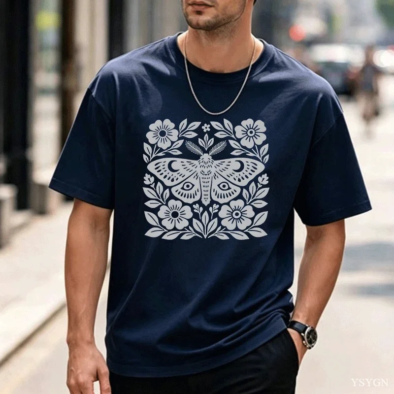 Boho Cottagecore T Shirts Moth Block Print T-shirt Men Women Short Sleeve Tshirt Casual Round Neck Tees Streetwear Tops