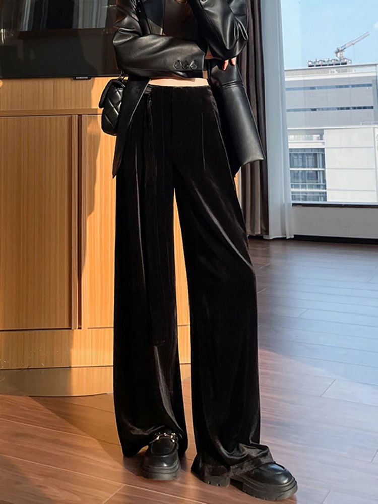 กางเกงขายาวทรงตรงผ้ากำมะหยี่สไตล์เรโทรสำหรับผู้หญิง เอวสูง ทรงหลวม ผูกเชือก สไตล์เกาหลี วินเทจ สำหรับฤดูใบไม้ร่วงและฤดูหนาว ดูสง่างาม