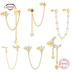 CANNER 1PC Horse Eye Octagonal Star Moon Blue Zircon Tassel Chain Earring For Women 925 Sterling Silver Ins Classic Earring