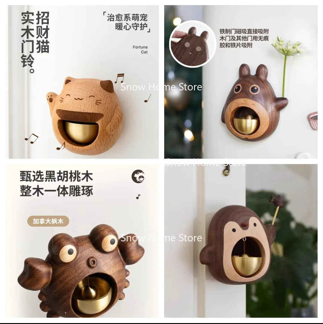Timbre de puerta de gato de la suerte de dibujos animados de madera, puerta de succión magnética, timbre de aviso, carillón de viento, pegatina para refrigerador
