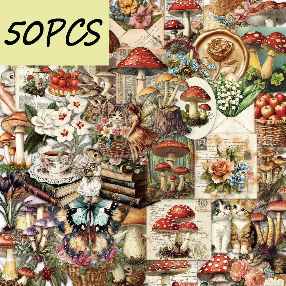 50pcs vintage mushroom stickers, suitable for decorating computers, diaries, storage boxes, waterproof PET stickers
