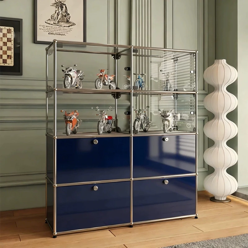 Medieval glass storage cabinet Stainless steel transparent dust-proof glass door display cabinet