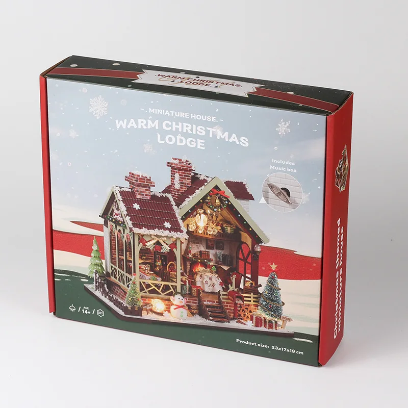 Com luzes led diy de madeira quente natal lodge casa casas de boneca kits modelo em miniatura móveis para amigos presentes
