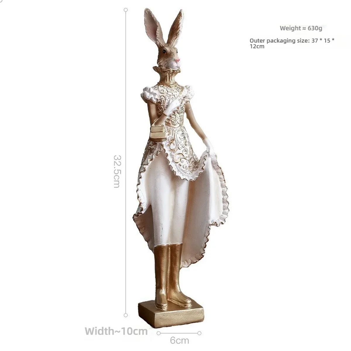 Resin Wonderland Rabbit Sculpture - Elegant Gold&White, 32.5cm, Lightweight, Fantasy Decor for Display Cabinet/Shelf