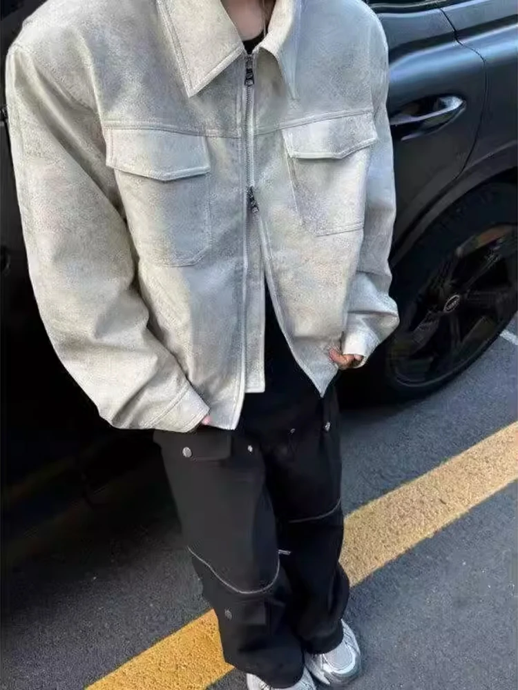 

American Retro Tie Dye ort PU Leather Jaet Men's Spring Autumn Double Zipper Pad oulder Clean Fit Motorcycle Jaet