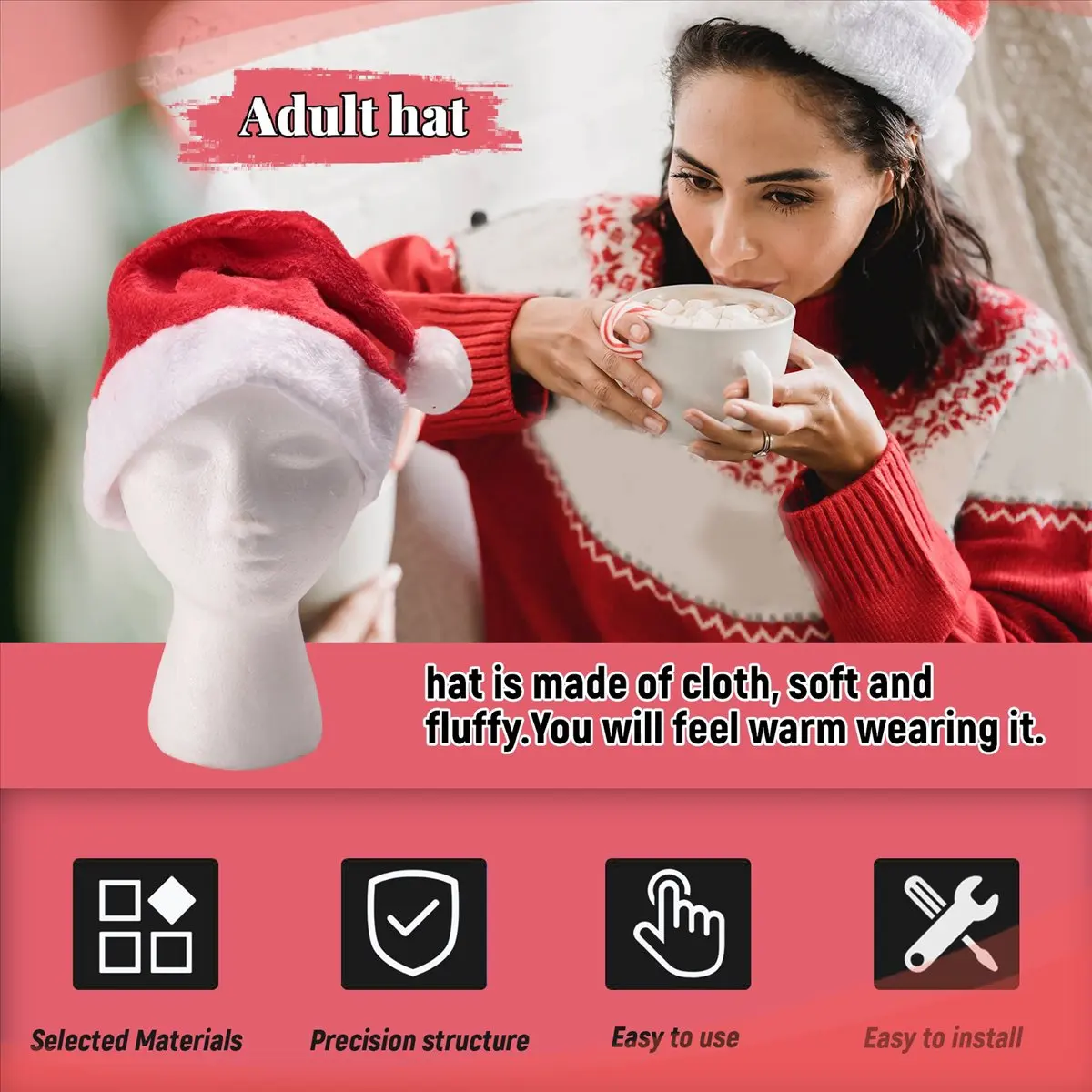 ABQR Шапка Санта-Клауса Рождественская шапка Рождественский костюм Одевание Плюшевая толстая рождественская шапка для взрослых