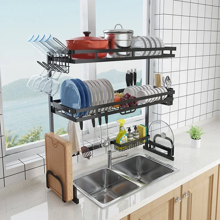 

Black Metal Kitchen Storage Racks Basket Organizer Over Sink Dish Drying Rack 85cm 2 Tiers