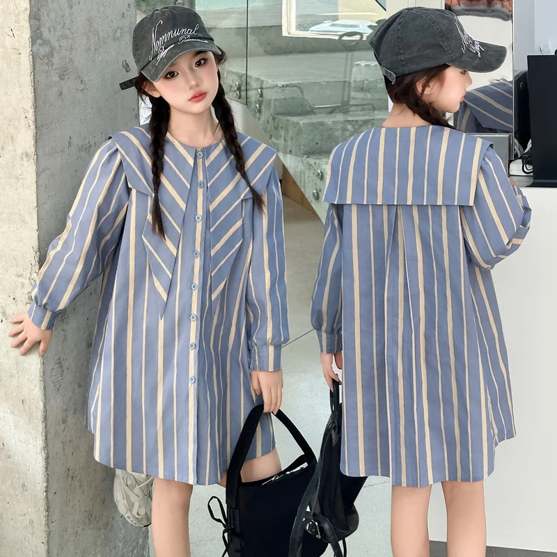

High Fashion Children Long Sleeve Sailor Collar One Piece Blouse Dress for Teenage Girl School Striped Shirt Kids Autumn Clothes
