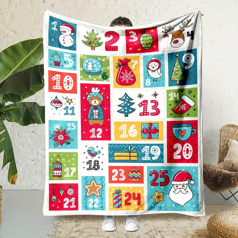 1pc Marry Christmas Blanket Grid Number Santa Claus Printed Flannel Blanket for Home Living Room Decor New Year Christmas Gift