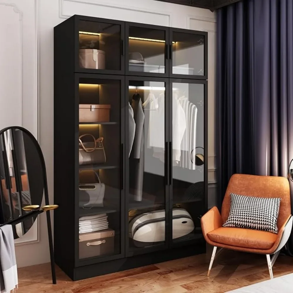 Assembly Closet for Clothes Wooden Large Wardrobe With 5 Tiers Shelf & Hanging Rod Armoire Closet With Glass Doors Black 47.2