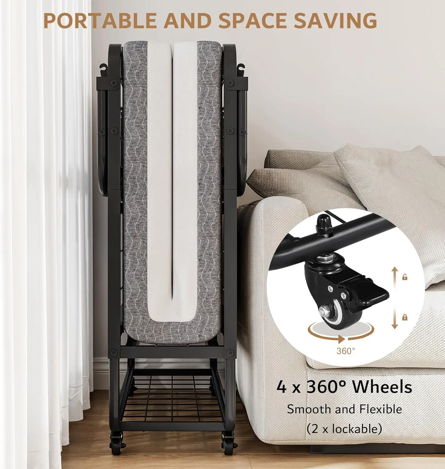 سرير قابل للطي مع مرتبة، سرير مزدوج قابل للطي مقاس 76 بوصة × 38 بوصة مع جيب جانبي ورف تخزين، سرير محمول قابل للطي للبالغين، قابل للطي #5