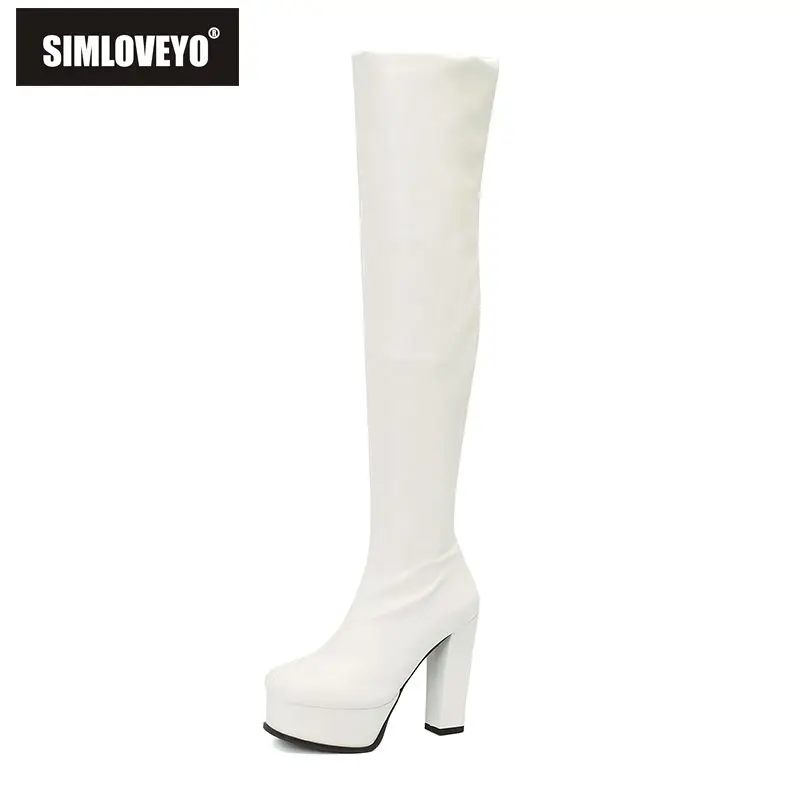 

SIMLOVEYO Sexy Women Thigh Boots Round Toe High Heels 12.5cm Platform Hill 4.5cm Slip On Double Use Plus Size 49 50 Party Shoes