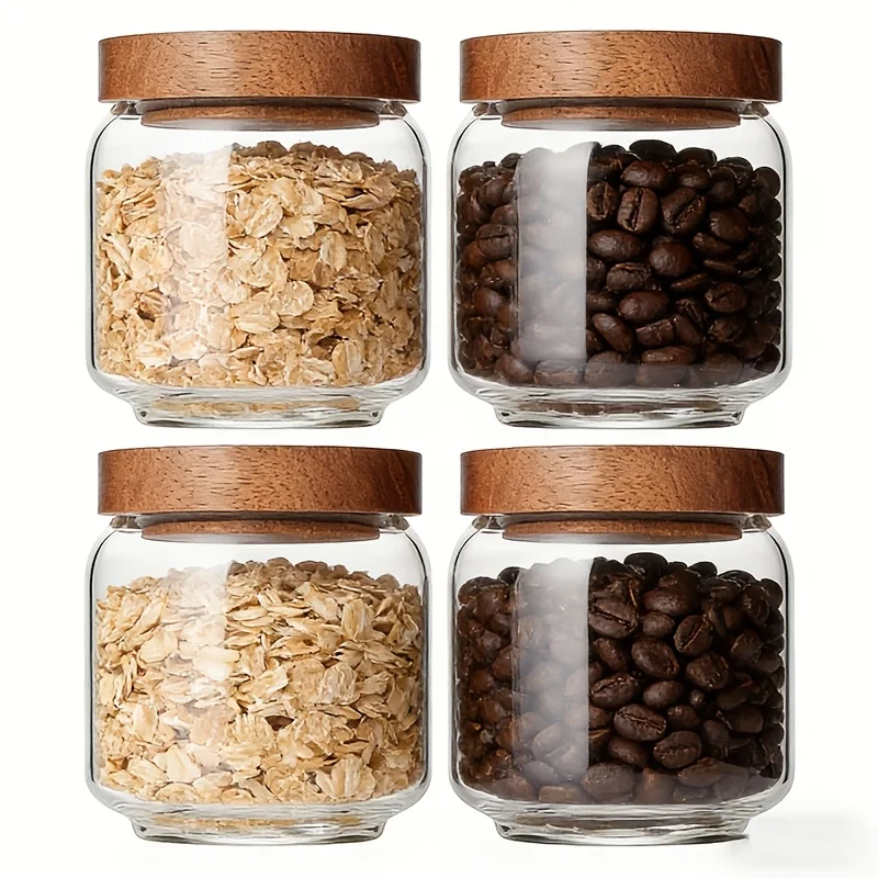 4 Pack 15oz Clear Glass Jars with Airtight Wooden Lids, Food Storage Containers for Candy, Snacks, Kitchen Pantry Organization