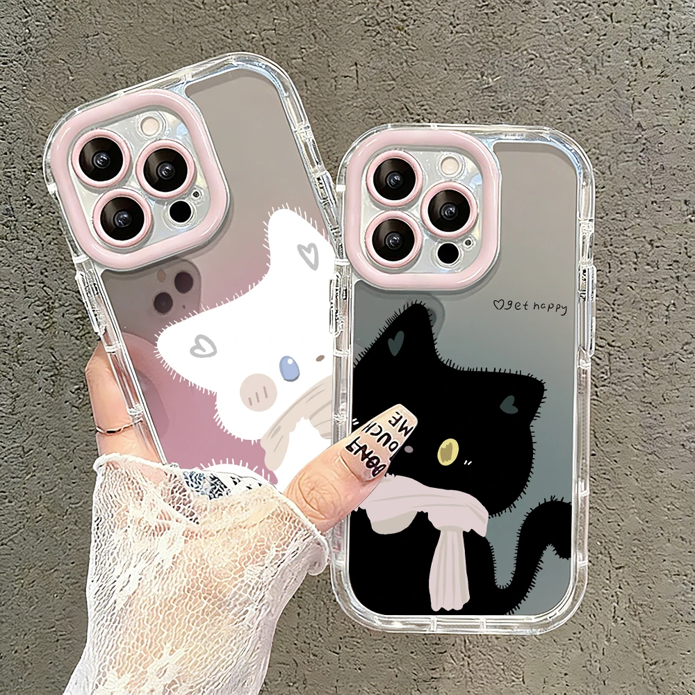 Cute Couple Cat Mirror Phone Case For iPhone 17 Pro Case 15 16 14 13 12 11 Pro Max 17 Air X XR XS 7 8 Plus Shockproof Soft Cover