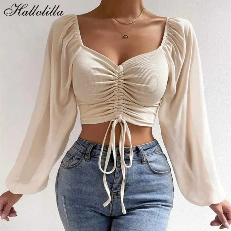 Sexy V-neck Women Blouses Drawstring Long Sleeve Crop Tops Ladies Fashion Summer Short Shirt Woman Clothes Blusas Camisas Mujer