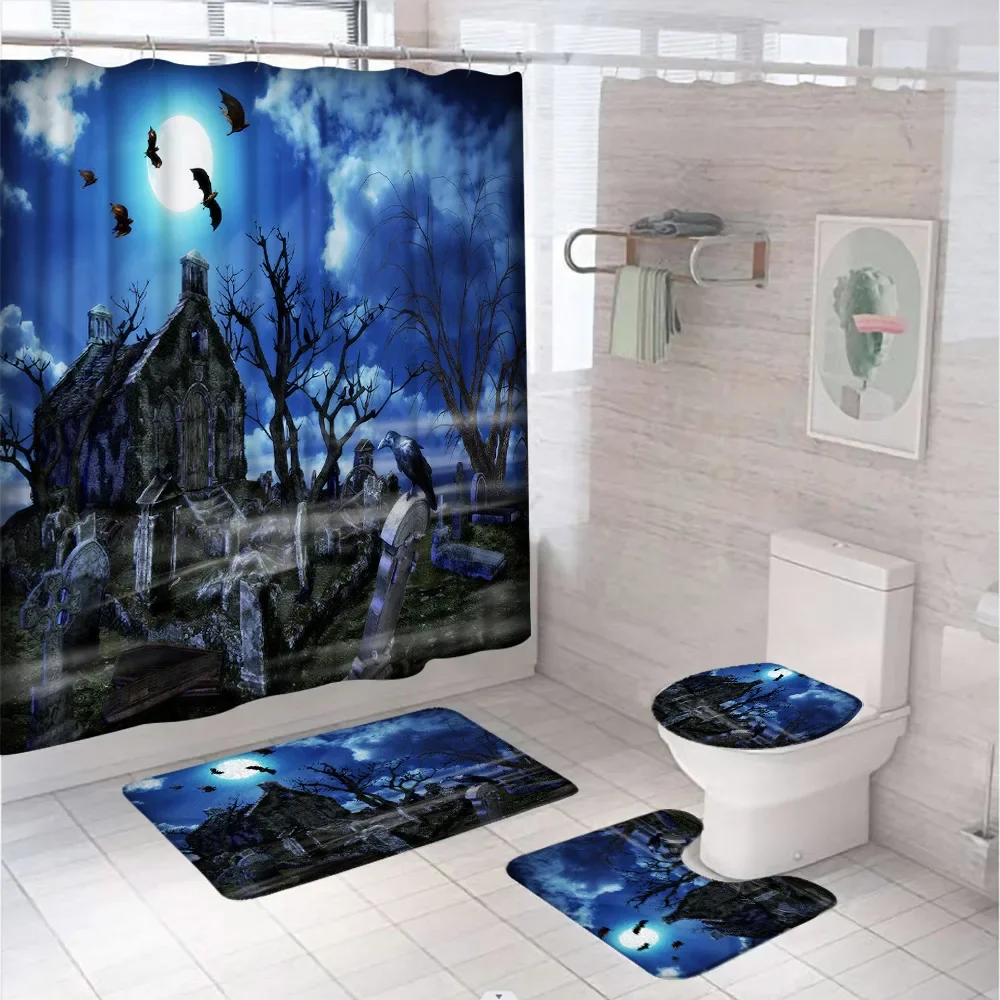 4Pcs Horror Halloween Crow Cemetery Bathroom Shower Curtains Set Bat Castle Tree Moon Screen Non-Slip Bath Mat Rug Toilet Cover