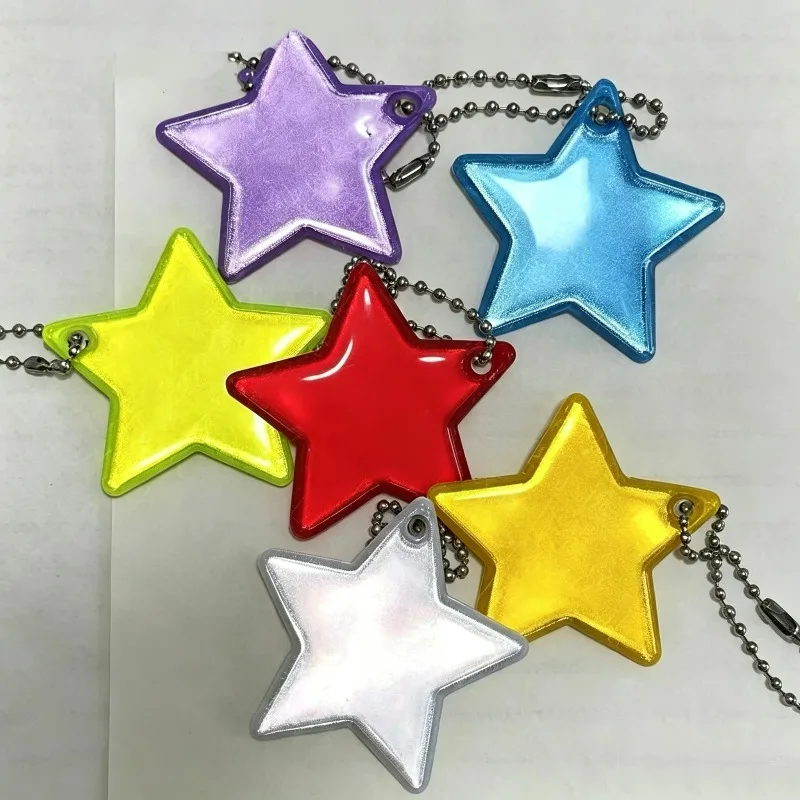 1/12Pcs Double-sided Reflective Star Pendants Colorful PVC Visible Safety Night Traffic Safety Reflector Pentagram Key Ring