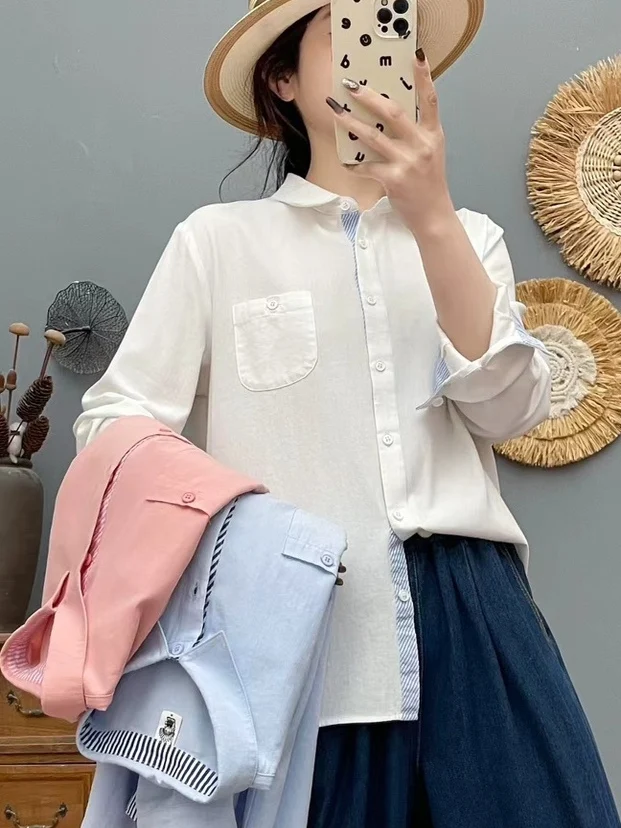 

[Готовый запас] Высококачественная женская блузка из 100% хлопка, рубашка в полоску, рубашка с длинными рукавами, женские весенне-осенние новые блузки, нижний верх